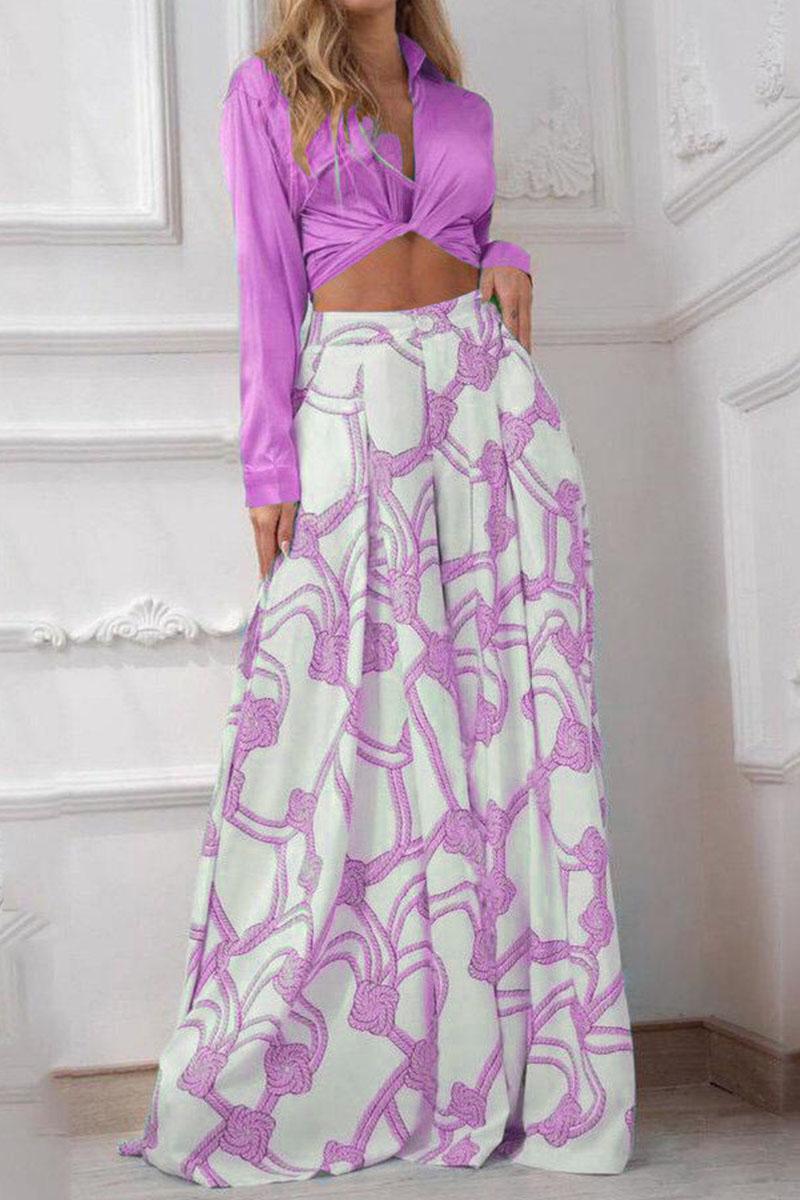 Purple Casual Print Bandage Patchwork Turndown Collar Long Sleeve Two Pieces-CuChic