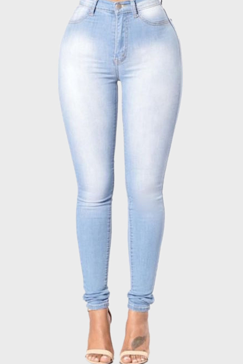 Light Blue Fashion Casual Solid Patchwork High Waist Skinny Denim Jeans-CuChic