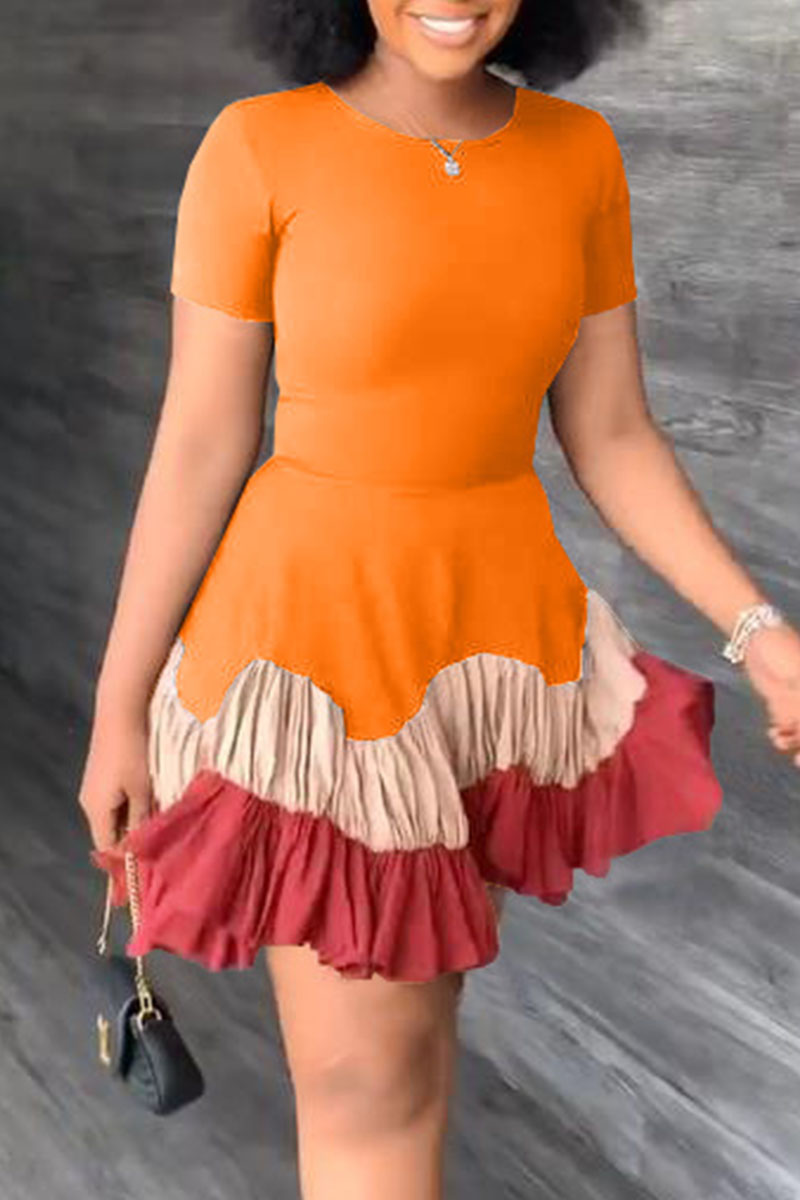 Orange Casual Elegant Solid Patchwork Fold O Neck A Line Dresses-CuChic
