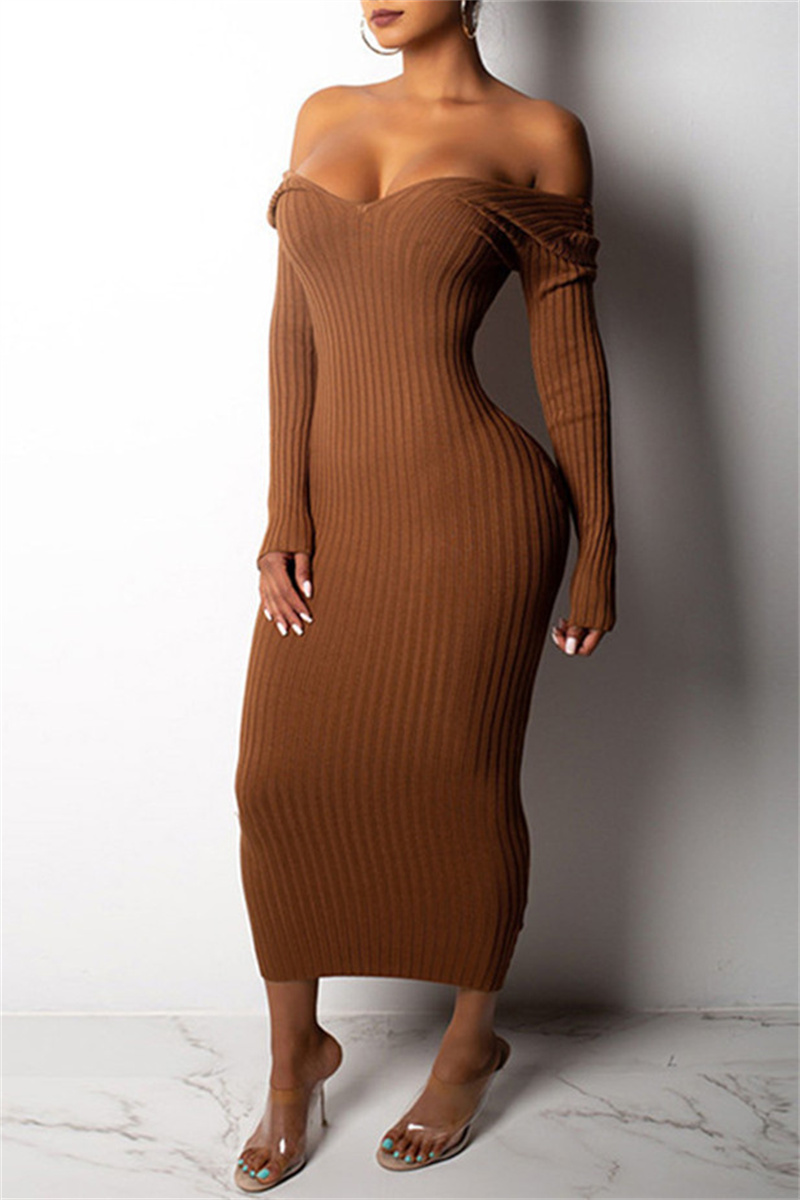 Brown Fashion Casual Solid Basic V Neck Long Sleeve Dresses-CuChic