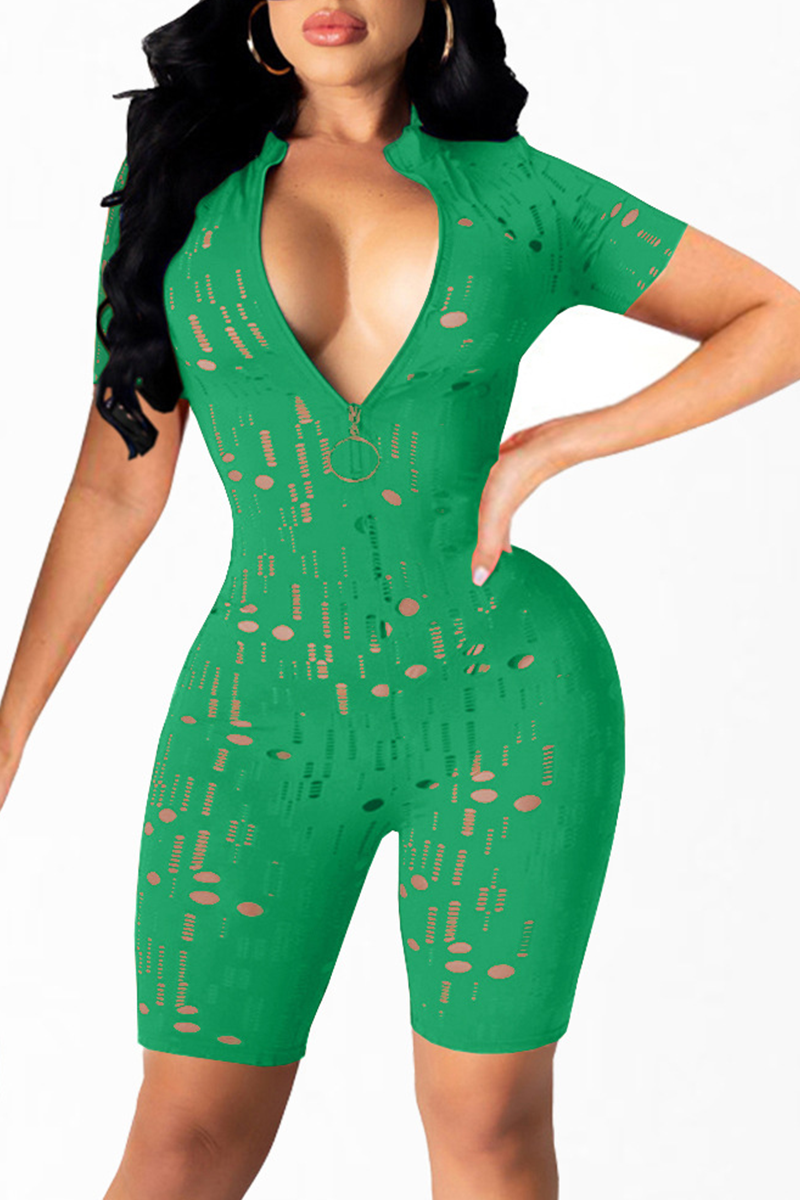 Green Sexy Solid Hollowed Out Zipper Collar Skinny Jumpsuits-CuChic