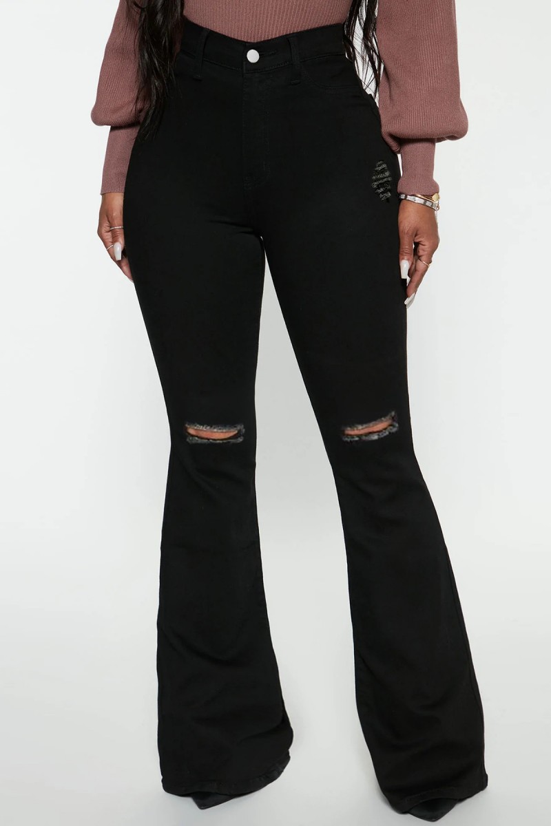 Black Casual Solid Ripped High Waist Boot Cut Denim Jeans-CuChic