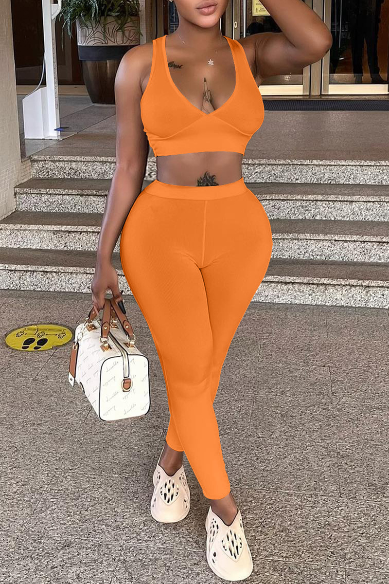 Orange Sexy Casual Sportswear Solid Vests Pants V Neck Sleeveless Two Pieces-CuChic