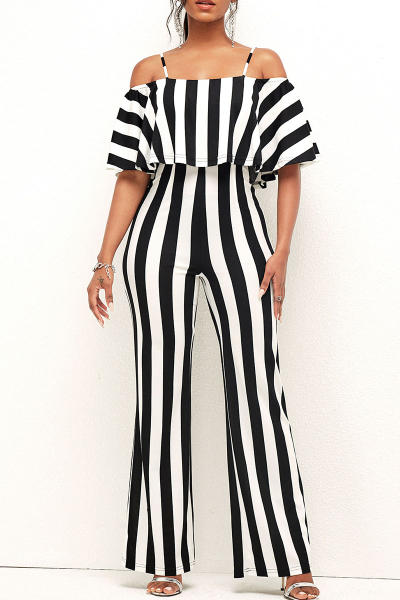 Black And White Sexy Striped Print Patchwork Flounce Spaghetti Strap Straight Jumpsuits-CuChic