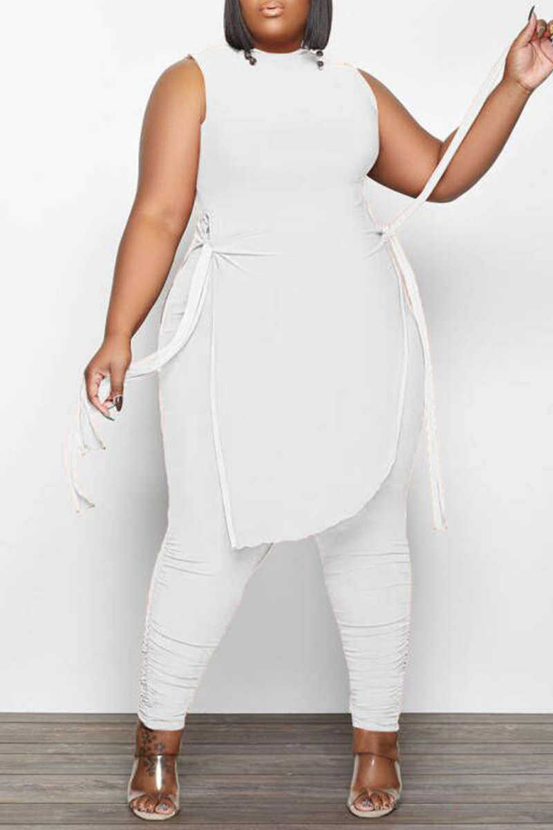 White Fashion Casual Solid Bandage O Neck Plus Size Two Pieces-CuChic