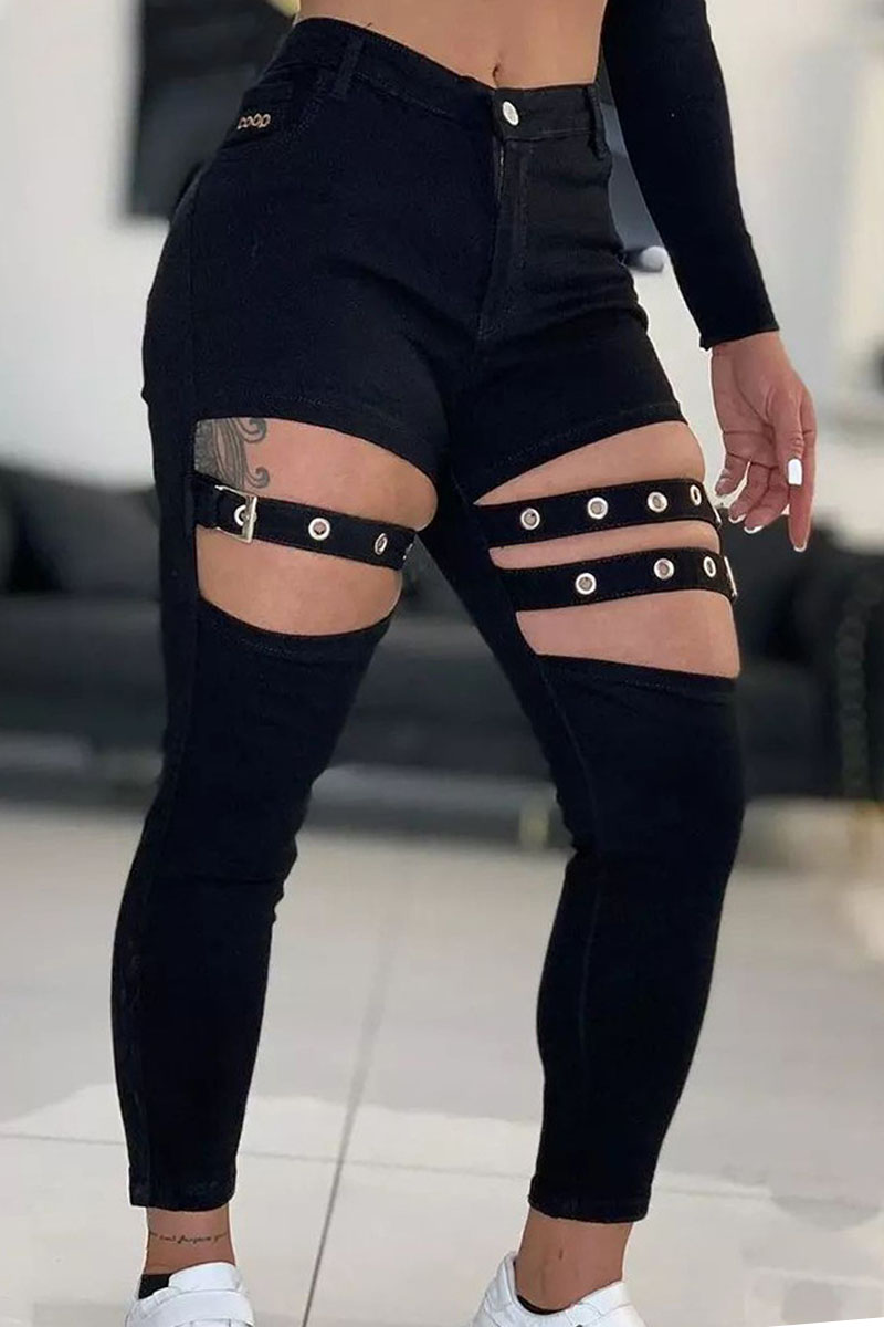 Black Fashion Casual Solid Hollowed Out Patchwork Skinny High Waist Pencil Solid Color Bottoms-CuChic
