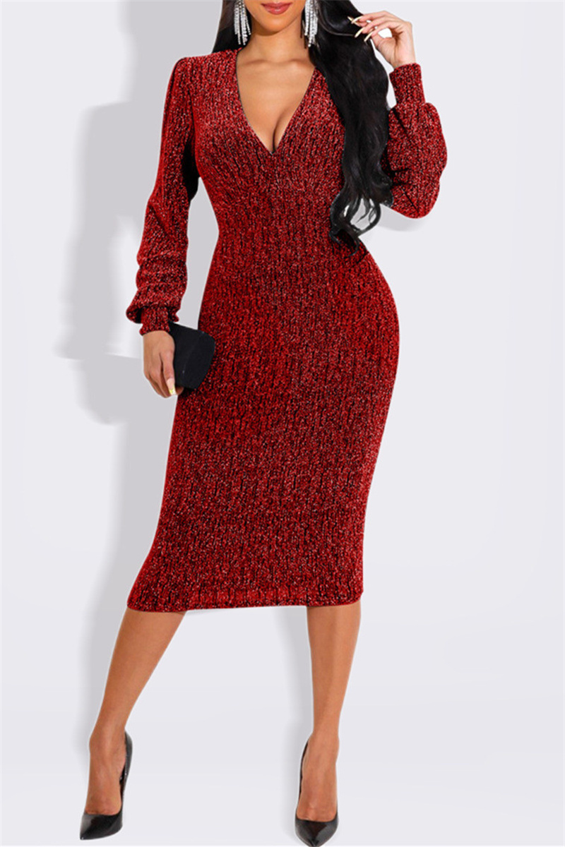 Red Fashion Casual Bronzing Bright Silk V Neck Long Sleeve Dresses-CuChic