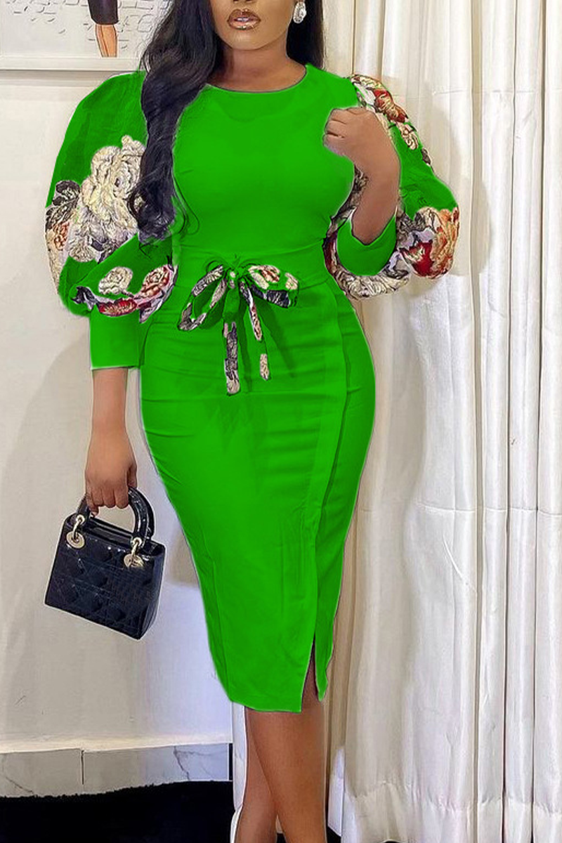 Green Fashion Print Patchwork O Neck Pencil Skirt Dresses-CuChic