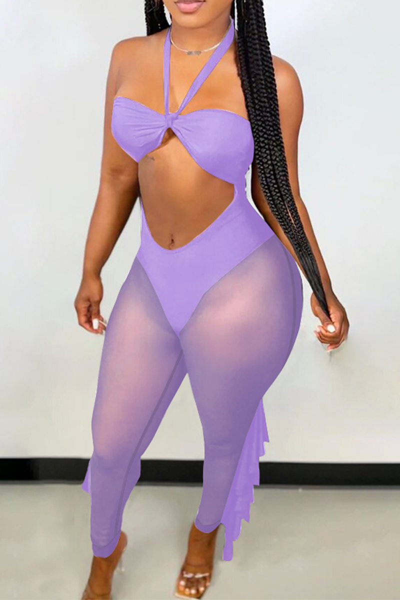 Purple Sexy Solid Flounce Mesh Halter Skinny Jumpsuits-CuChic