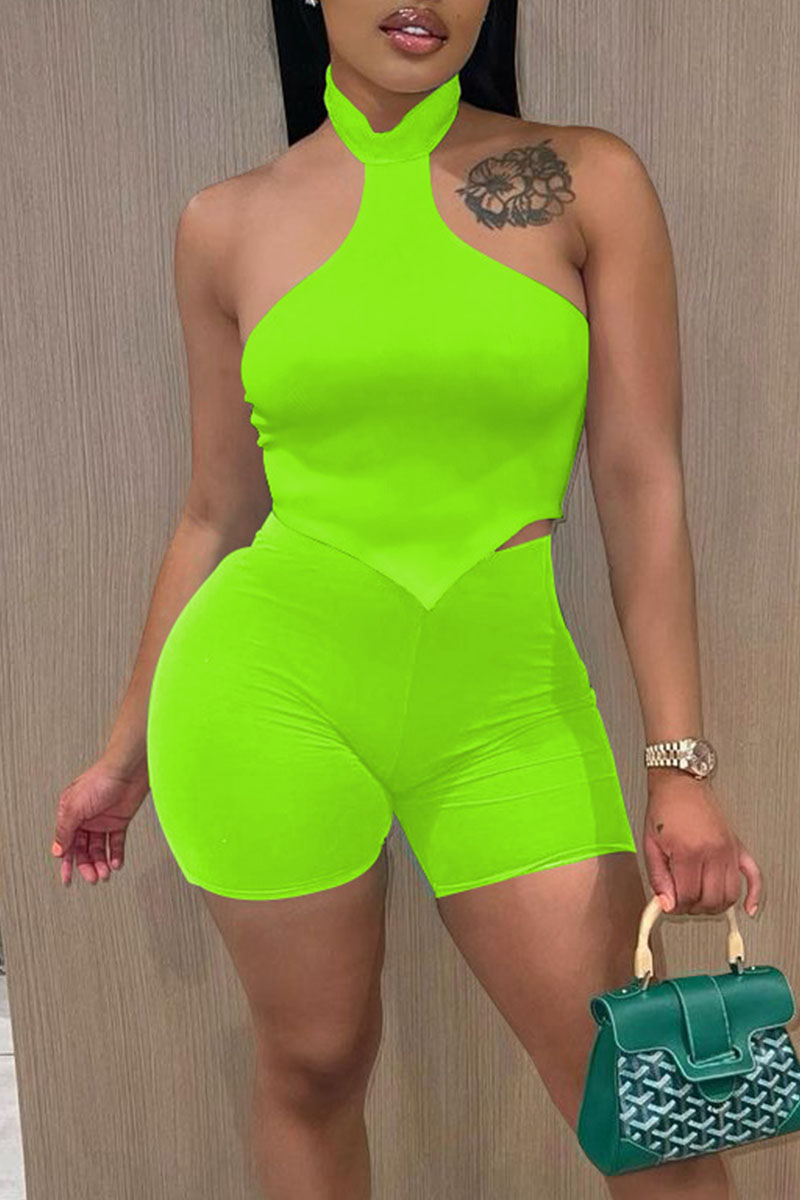 Fluorescent Green Sexy Sportswear Solid Split Joint Asymmetrical Halter Sleeveless Two Pieces-CuChic