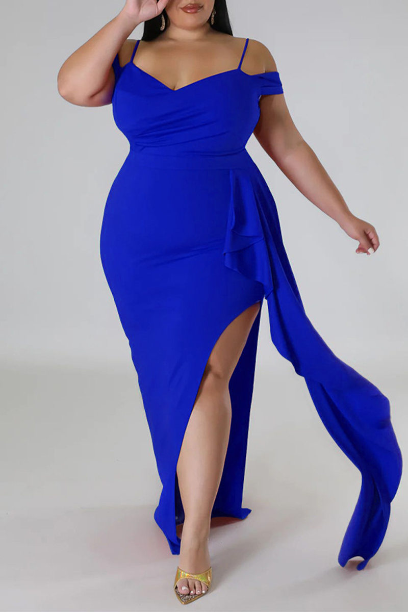 Blue Sexy Elegant Solid Patchwork Flounce Slit Spaghetti Strap Irregular Dress Plus Size Dresses-CuChic