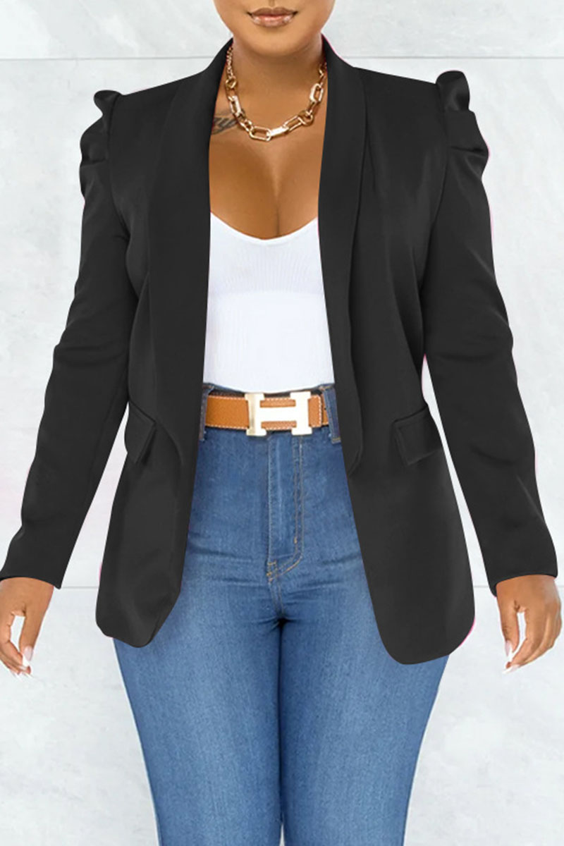 Black Fashion Casual Solid Patchwork Turn-back Collar Outerwear-CuChic