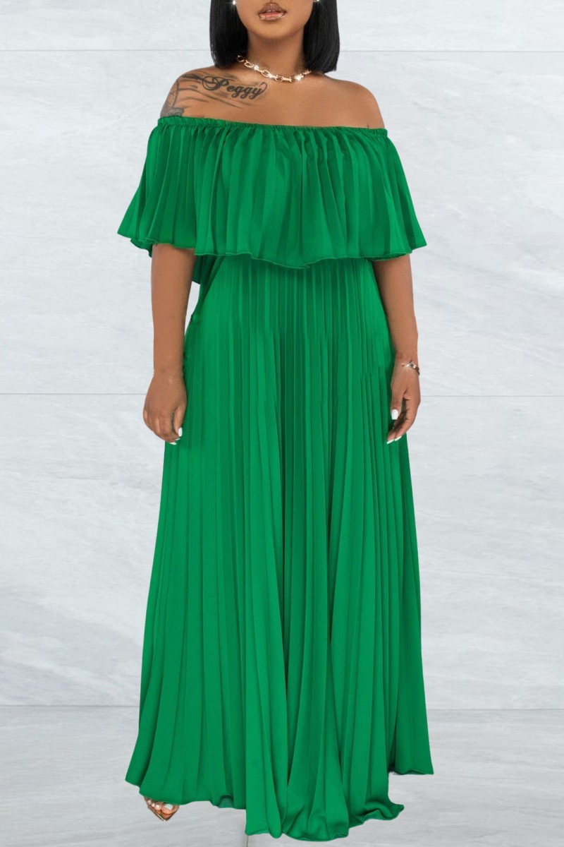 Green Casual Solid Patchwork Off the Shoulder Long Dress Dresses-CuChic