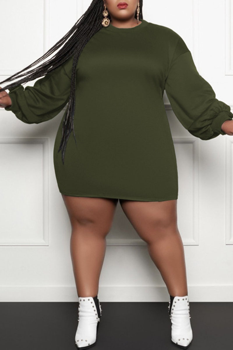 Army Green Casual Solid Patchwork O Neck Straight Plus Size Dresses-CuChic