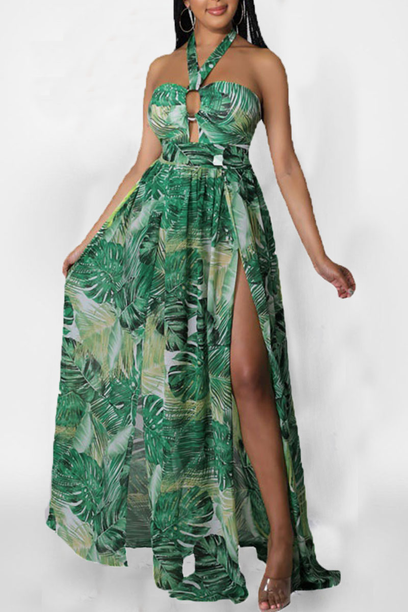Green Elegant Vacation Print Patchwork Backless Slit Halter Straight Dresses-CuChic