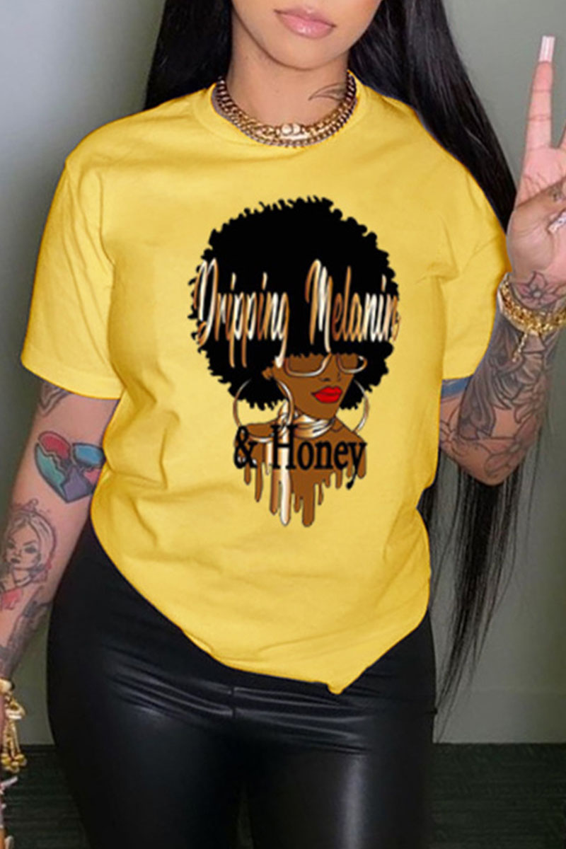Yellow Fashion Casual Print Basic O Neck T-Shirts-CuChic