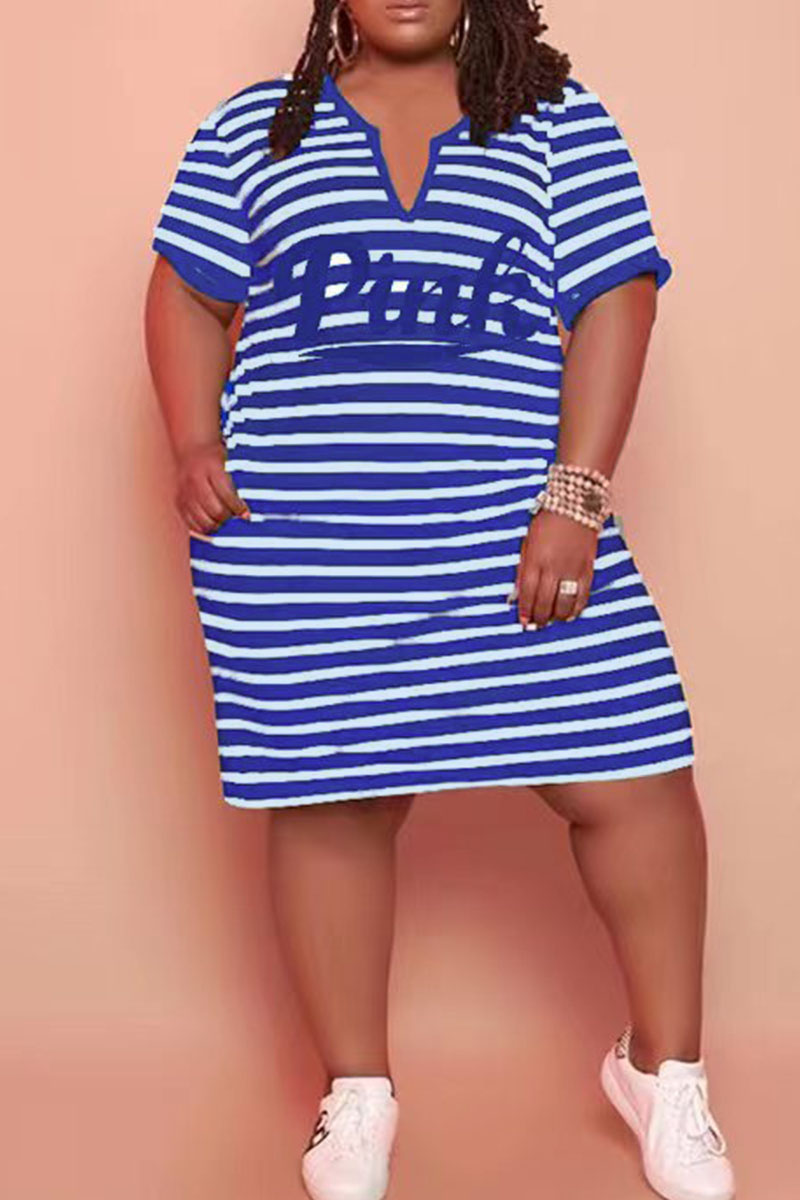 Blue Casual Striped Print Patchwork V Neck Straight Plus Size Dresses-CuChic