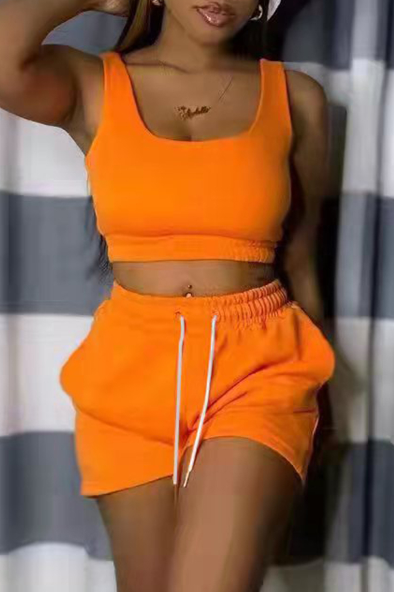 Orange Casual Sportswear Solid Basic U Neck Sleeveless Two Pieces-CuChic