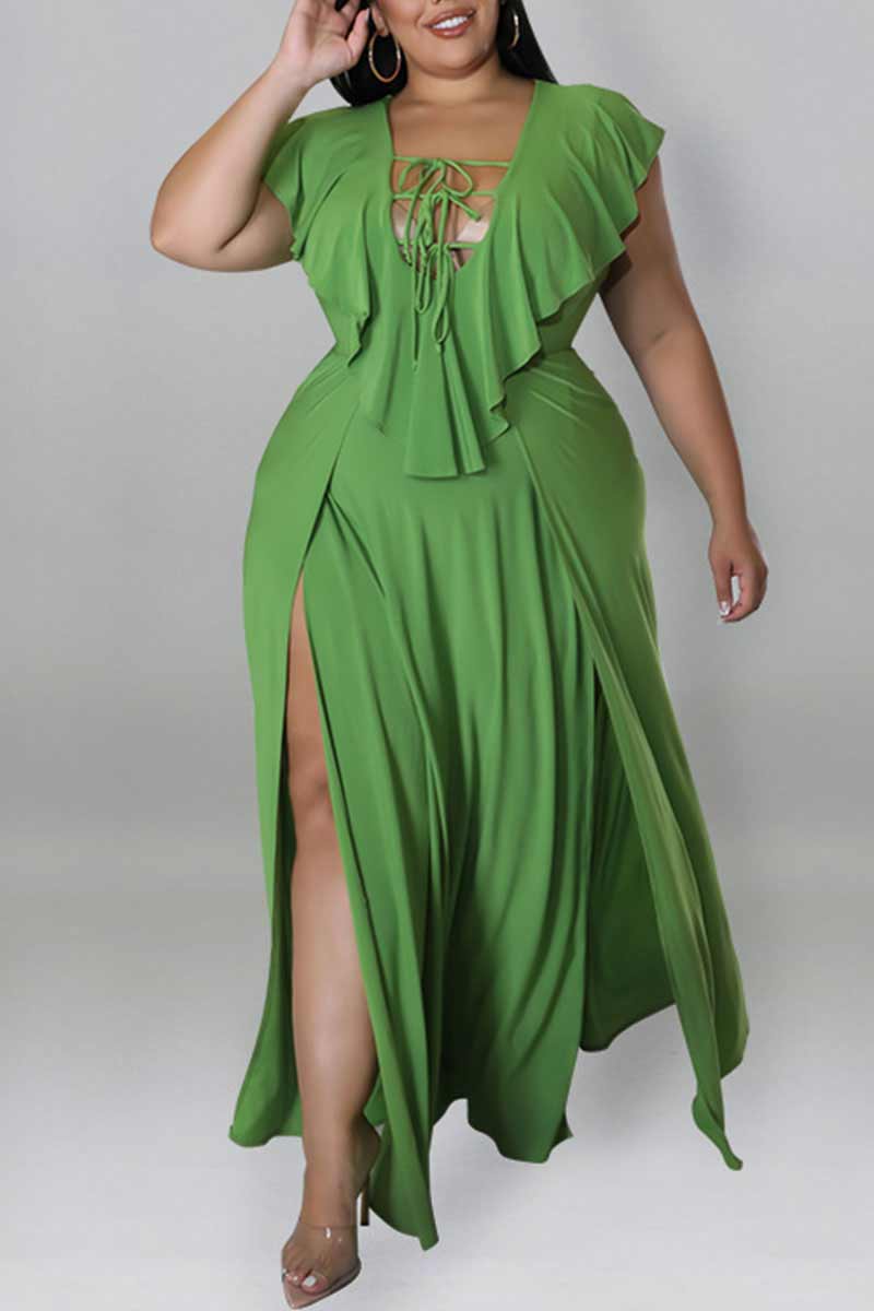 Green Sexy Solid Bandage Hollowed Out Patchwork Flounce Slit Straight Plus Size Dresses-CuChic