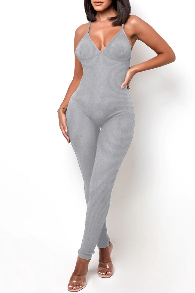 Grey Sportswear Solid Patchwork Backless Spaghetti Strap Skinny Jumpsuits-CuChic