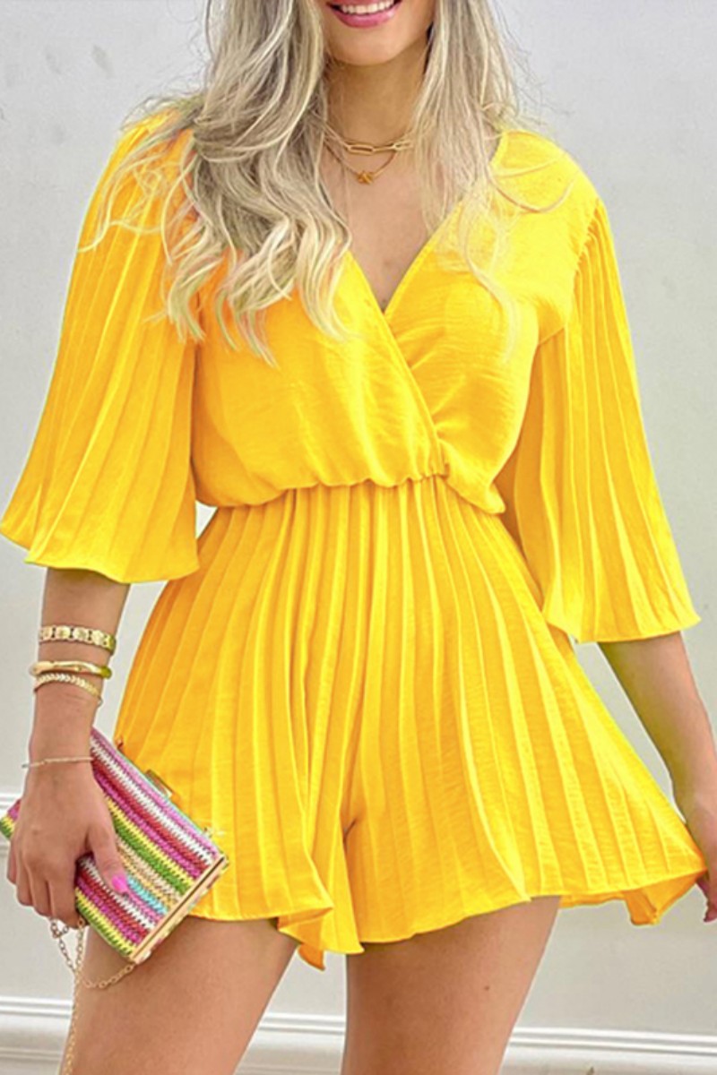 Yellow Casual Solid Patchwork Pleated V Neck Regular Jumpsuits-CuChic