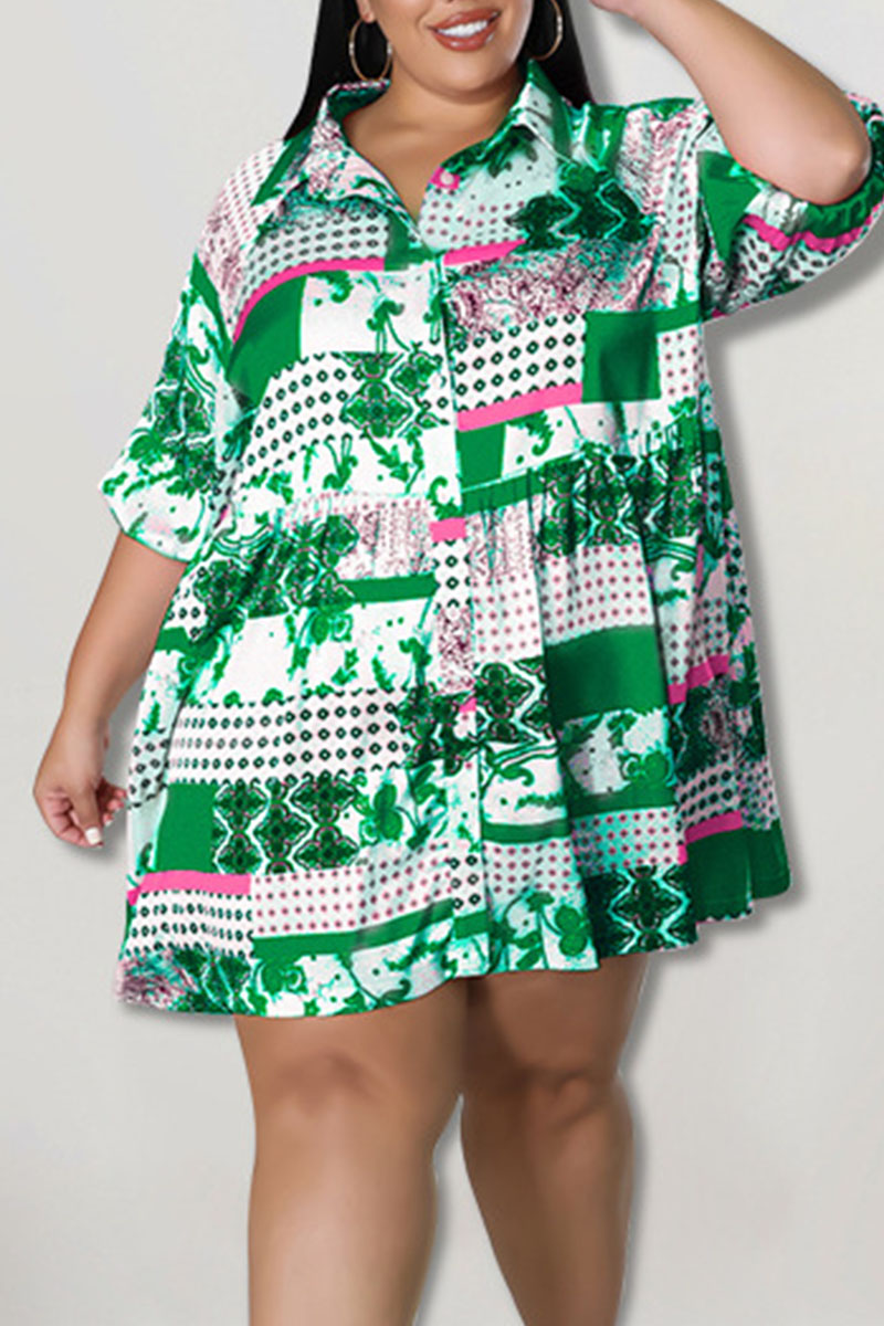 Green Casual Print Patchwork Buckle Turndown Collar A Line Plus Size Dresses-CuChic