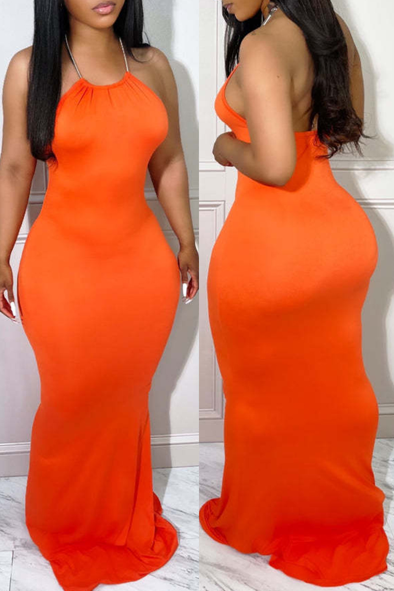 Orange Red Fashion Sexy Solid Backless Halter Long Dress-CuChic