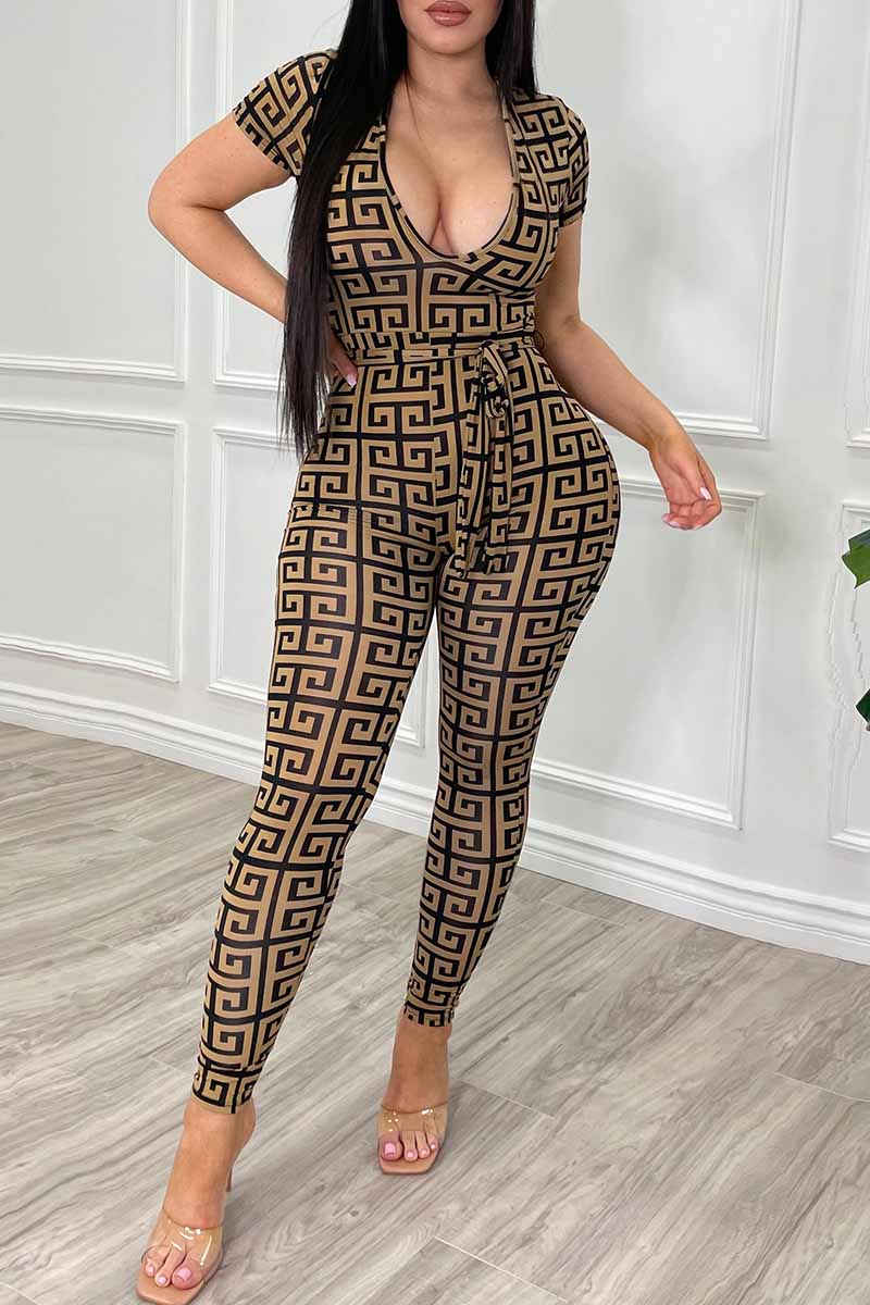 Brown Fashion Casual Print Patchwork V Neck Jumpsuits-CuChic