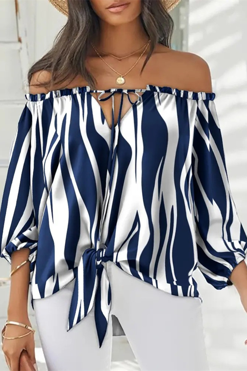 Stripe Fashion Casual Print Bandage Backless Off the Shoulder Tops-CuChic