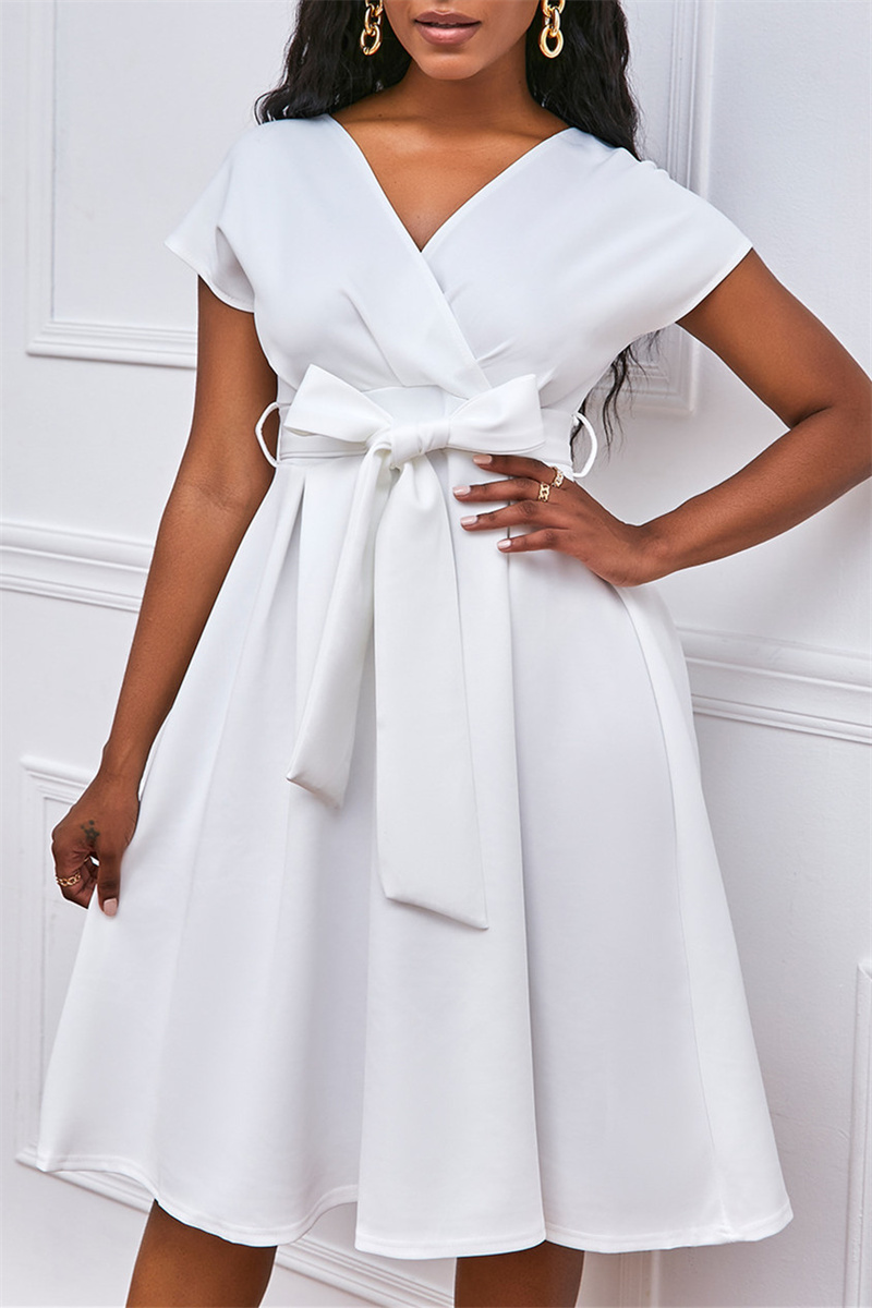 White Fashion Casual Solid With Bow V Neck A Line Dresses-CuChic