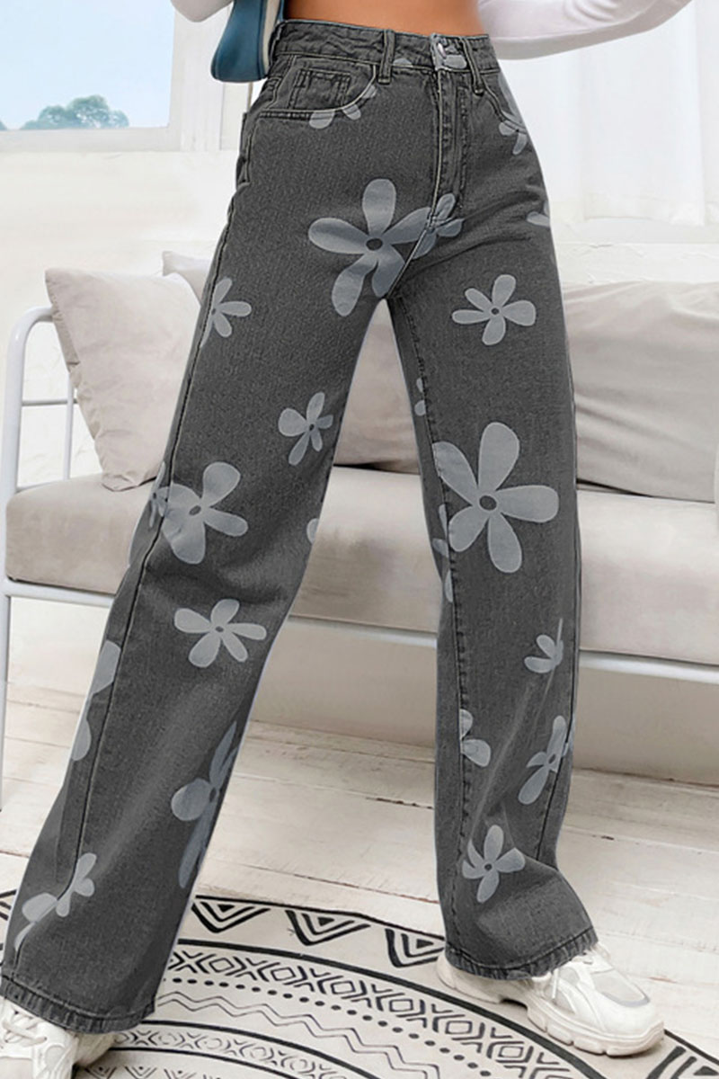 Dark Gray Casual Street Print Split Joint High Waist Straight Denim Jeans-CuChic