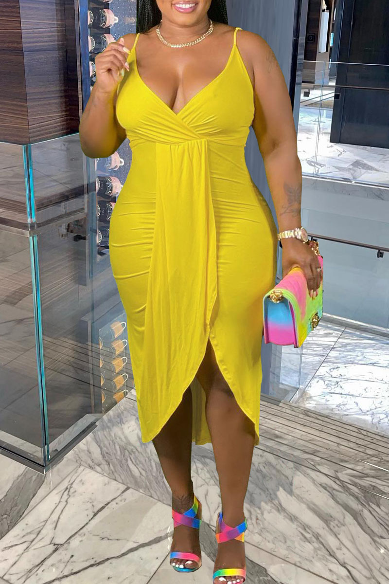 Yellow Sexy Solid Split Joint Asymmetrical Spaghetti Strap Irregular Dress Dresses-CuChic