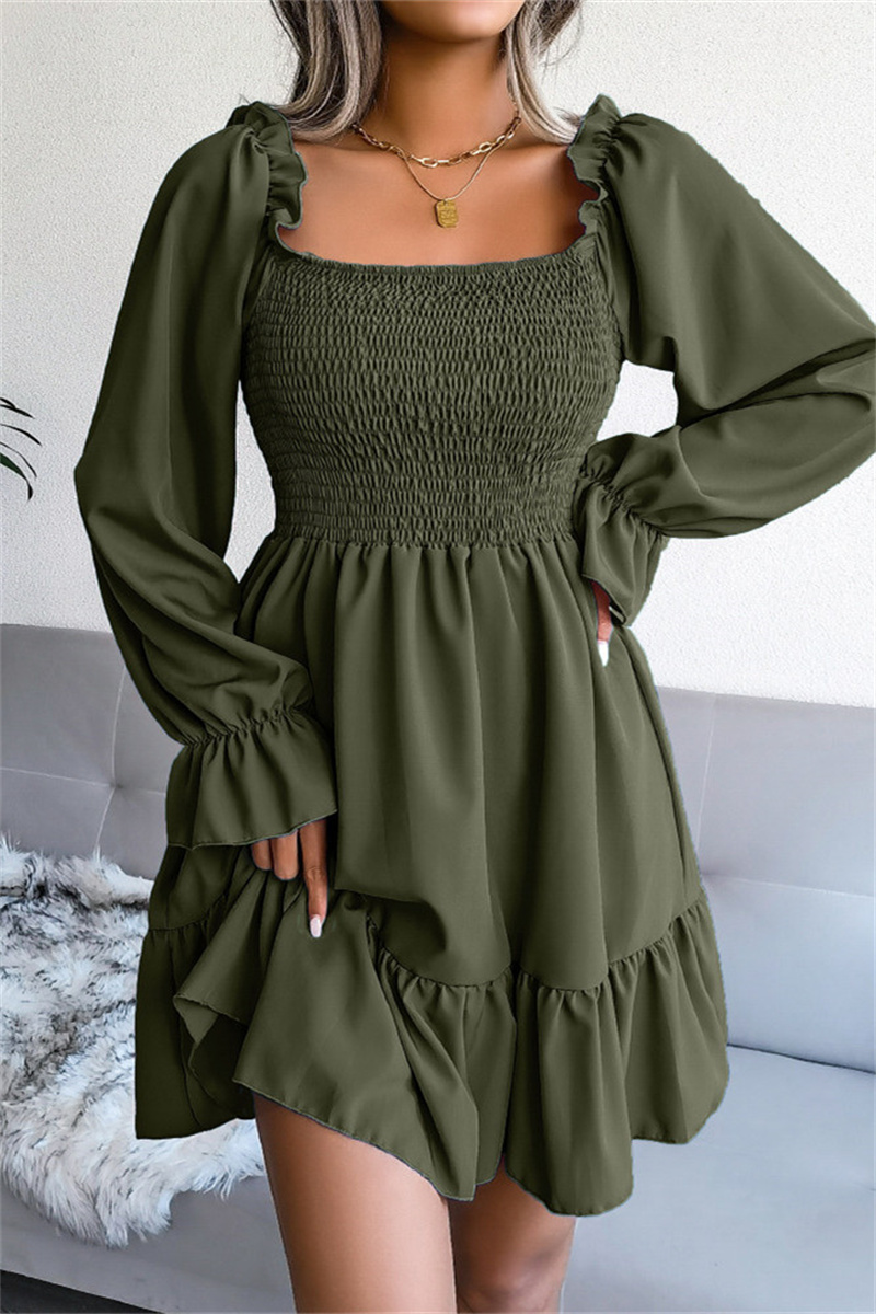Army Green Fashion Casual Solid Patchwork Square Collar Long Sleeve Dresses-CuChic