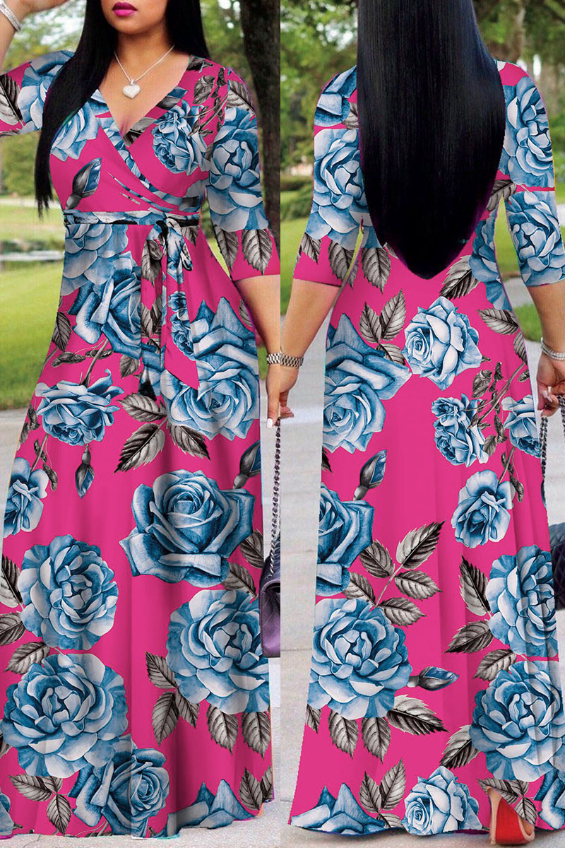 Rose Red Casual Print Bandage Patchwork V Neck Straight Dresses-CuChic