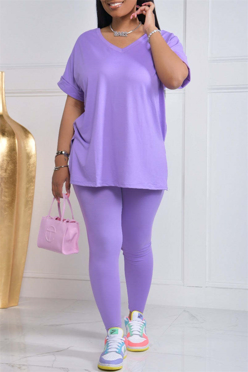 Purple Fashion Casual Solid Slit V Neck Short Sleeve Two Pieces-CuChic