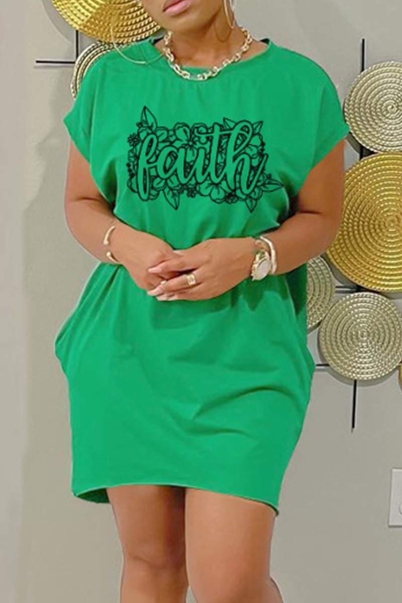 Green Fashion Print Patchwork O Neck Straight Dresses-CuChic