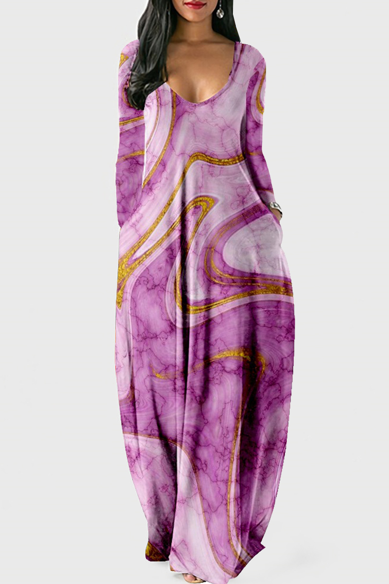 Purple Fashion Casual Print Patchwork V Neck Long Sleeve Dresses-CuChic