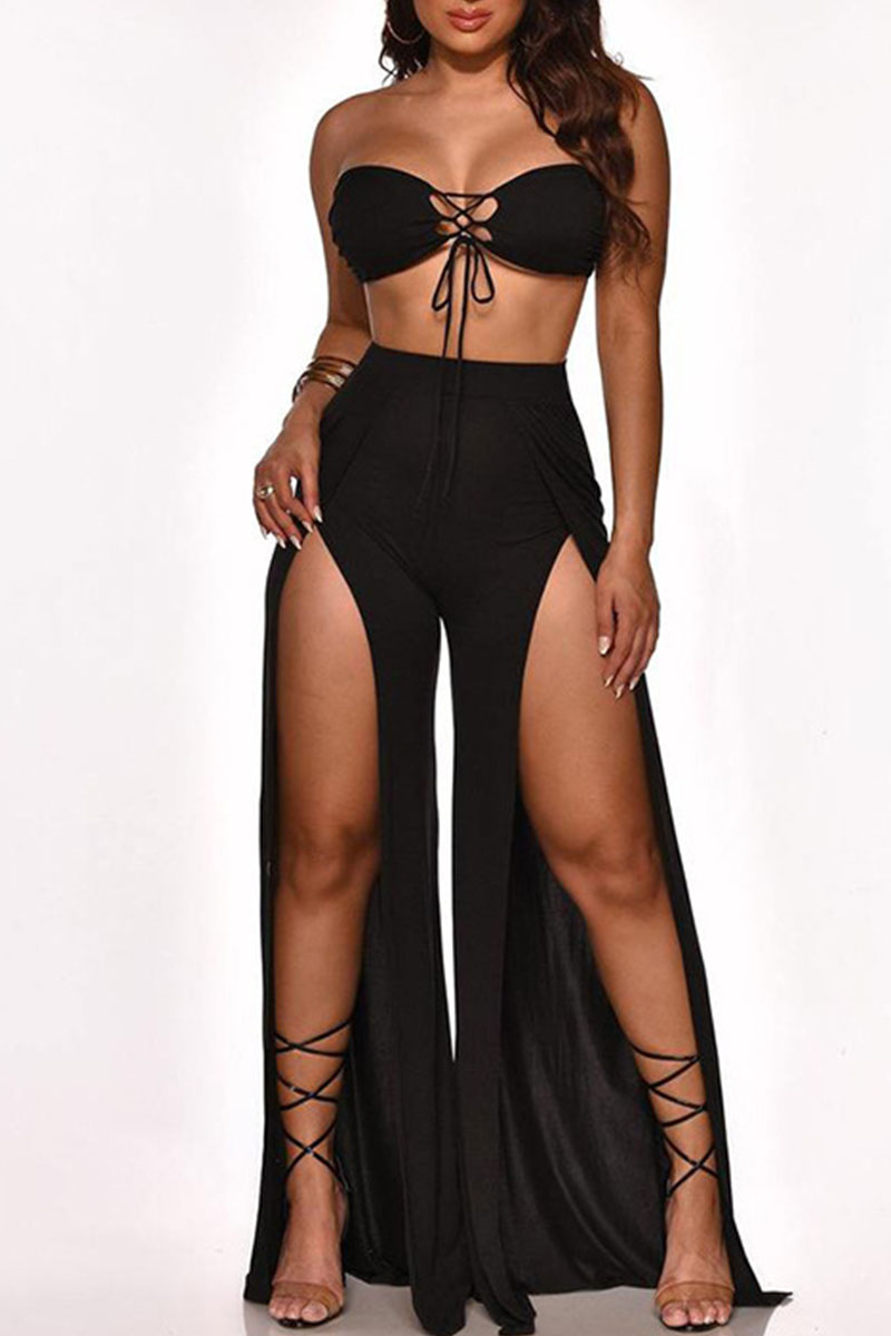 Black Sexy Solid Patchwork Slit Off the Shoulder Sleeveless Two Pieces-CuChic