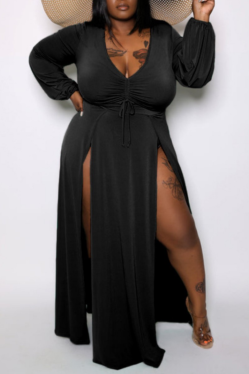 Black Casual Solid Slit V Neck Long Sleeve Plus Size Rompers-CuChic