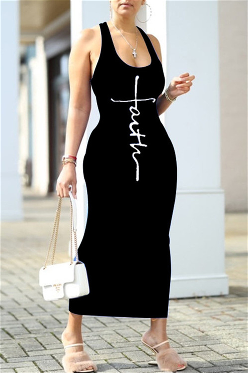 Black Fashion Sexy Print Bandage Backless U Neck Sleeveless Dress Dresses-CuChic