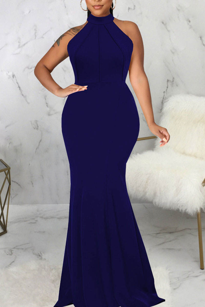 Dark Blue Elegant Solid Patchwork Half A Turtleneck Evening Dress Dresses-CuChic