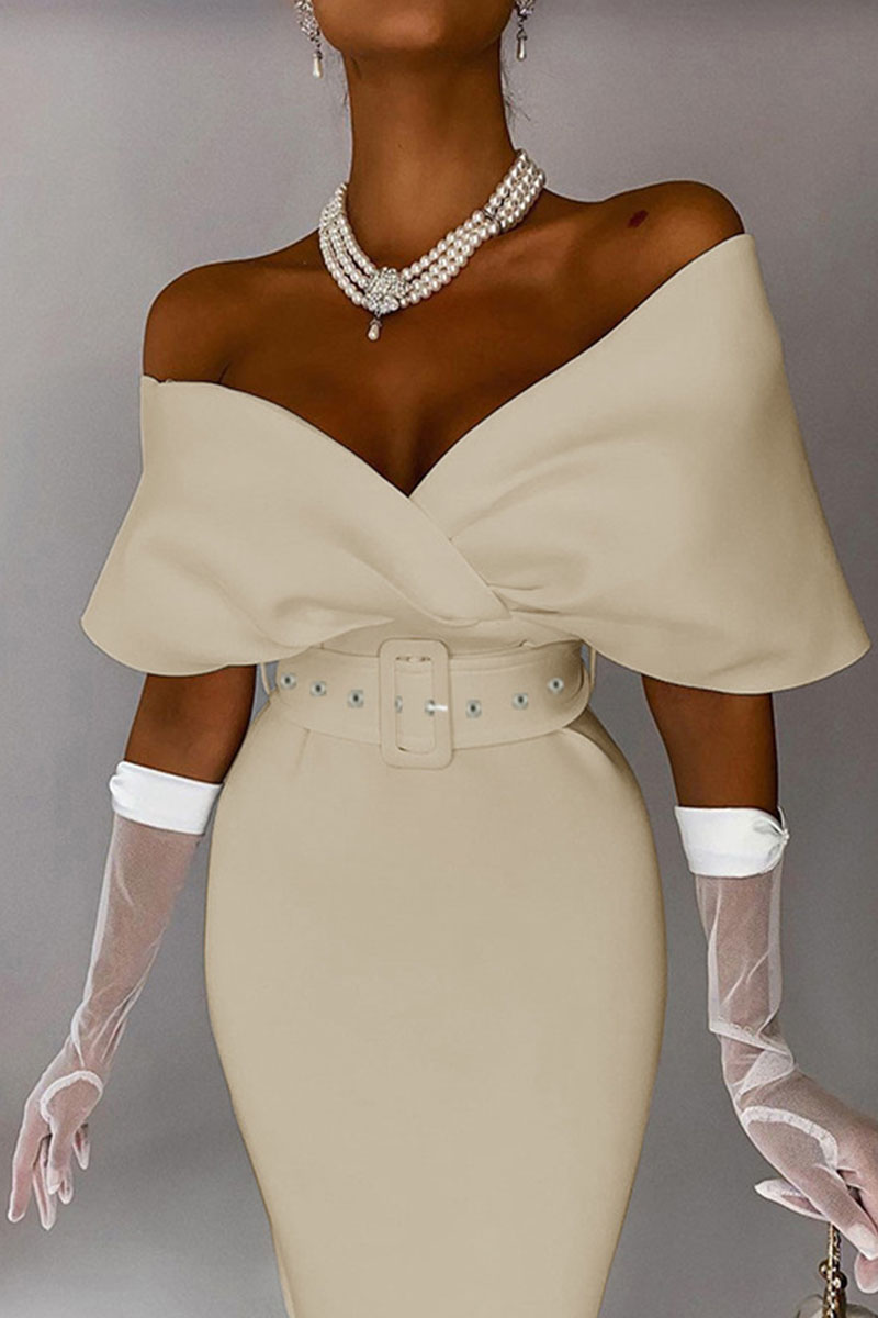 Apricot Elegant Solid Split Joint With Belt V Neck One Step Skirt Dresses-CuChic