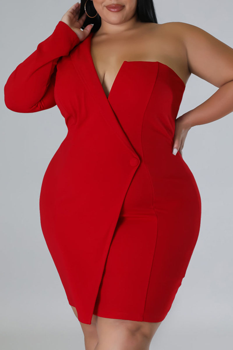 Red Sexy Solid Patchwork Asymmetrical Evening Dress Plus Size Dresses-CuChic