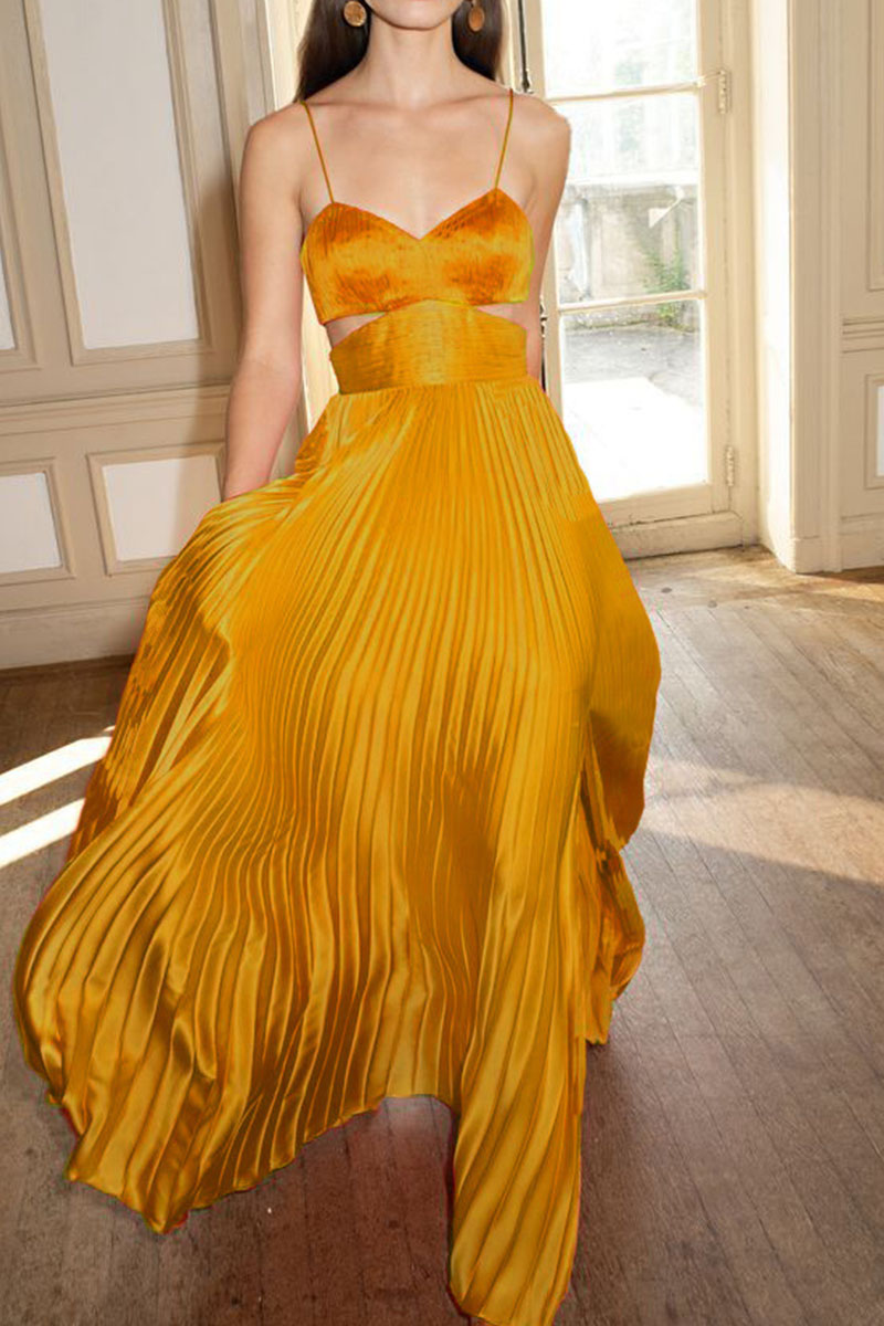 Yellow Celebrities Elegant Solid Split Joint Fold Spaghetti Strap Straight Dresses-CuChic