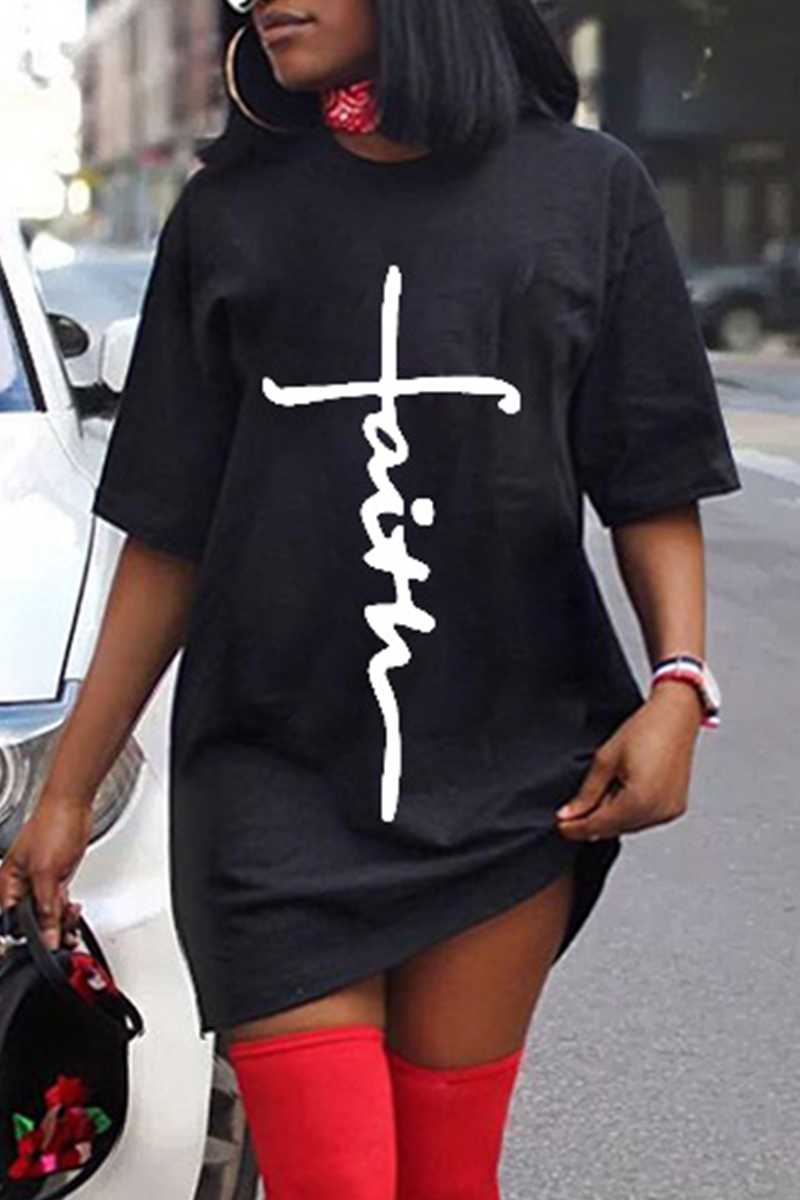 Black Fashion Casual Print Basic O Neck Short Sleeve Dress-CuChic