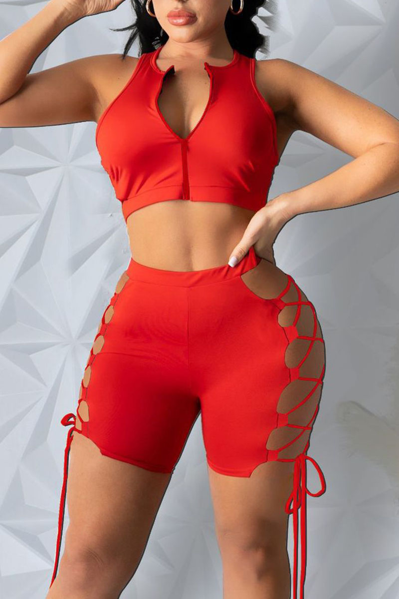 Red Sexy Solid Bandage Hollowed Out Split Joint Zipper Collar Sleeveless Two Pieces-CuChic