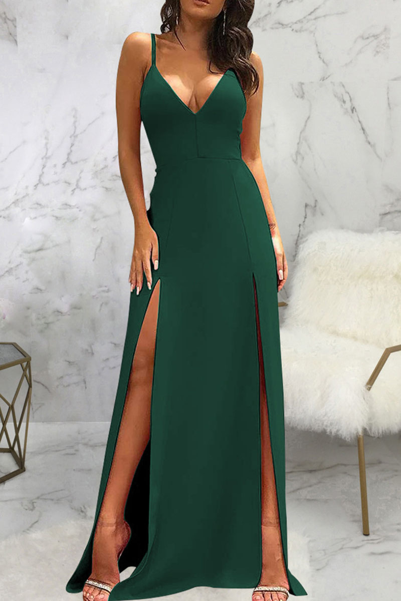 Green Sexy Solid Patchwork Slit Spaghetti Strap Sling Dress Dresses-CuChic