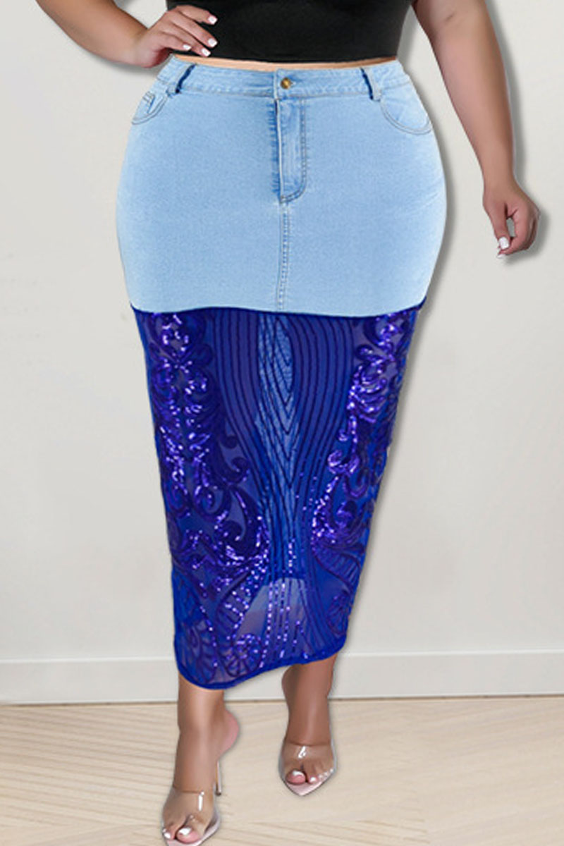 Light Blue Sexy Solid Embroidered Sequins Patchwork High Waist Denim Skirts-CuChic