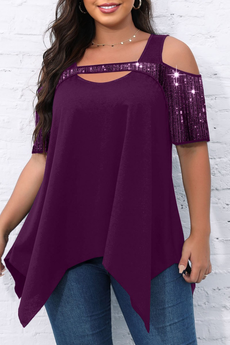 Purple Casual Solid Hollowed Out Patchwork O Neck Plus Size Tops-CuChic