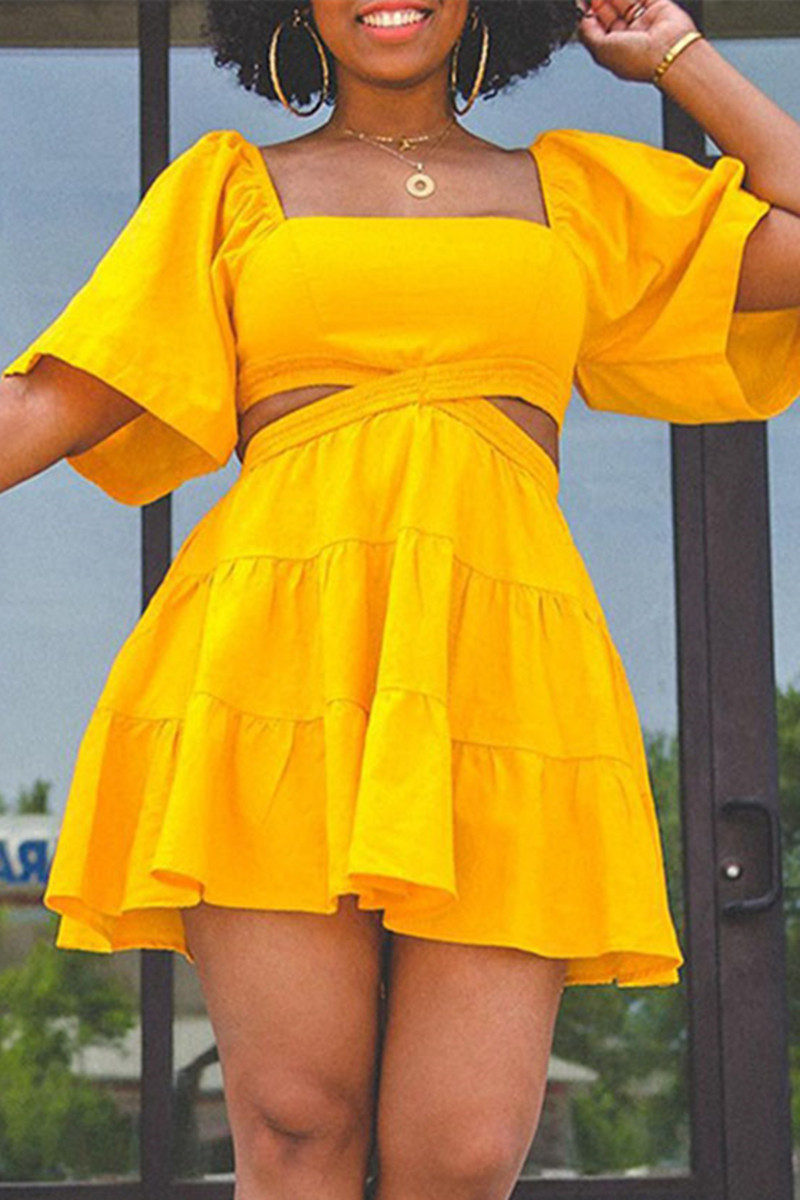 Yellow Fashion Casual Solid Hollowed Out Backless Square Collar Short Sleeve Dress-CuChic
